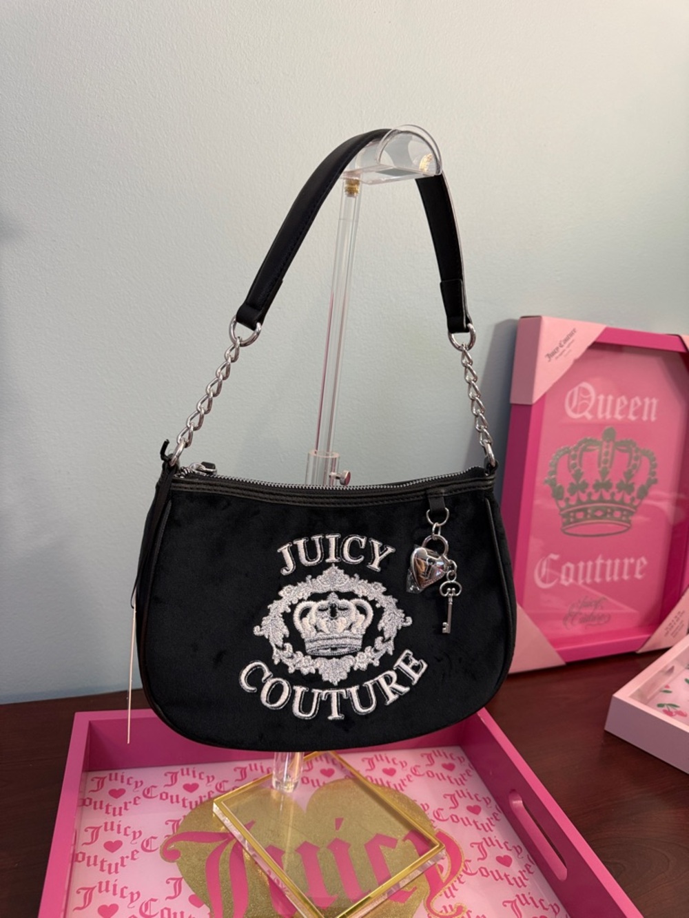 Juicy Couture Black Velvet Shoulder Bag with Heart Key Charm